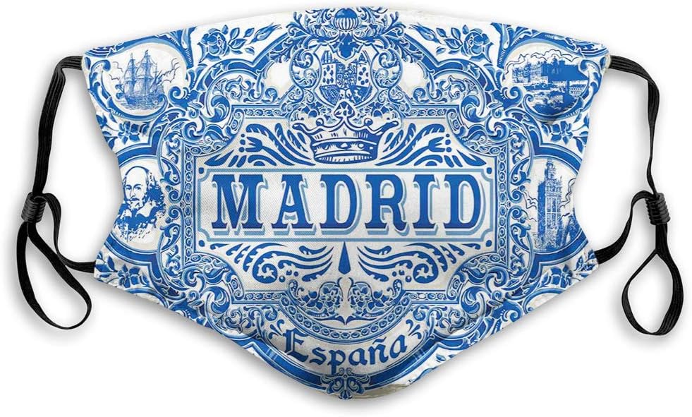 Comfortable Printed Mask, Madrid Calligraphy Traditional Painted Tin Graphic Tile Azulejo Print,Windproof Facial decorations for Man and Woman