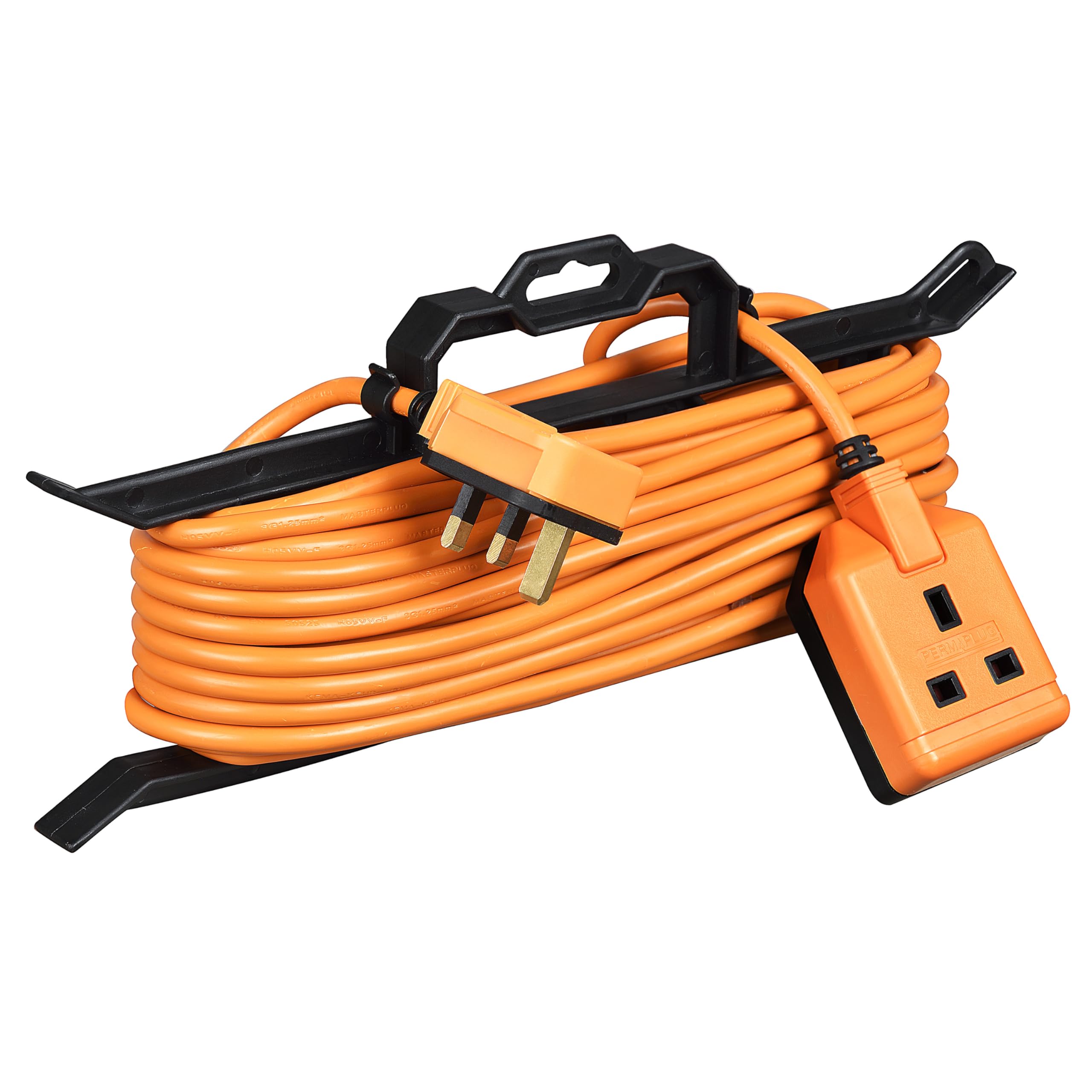 Masterplug One Socket Single Outdoor Extension Lead, 15 Metre Cable, Cable Tidy, Unswitched, Heavy Duty, Rewireable, 1-Way Plug Extension Cable, Orange, 13A, 1G, 15m, CT1513
