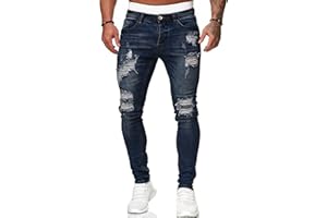 HUNGSON Men's Blue Slim Fit Jeans Stretch Destroyed Ripped Skinny Jeans Side Striped Denim Pants