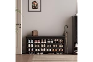 KASLANDI Shoe Bench with Leather Cushion, 3 Tiers Shoe Storage Bench Height Adjustable, Walnut Wood Entryway Bench for Hallway, Mudroom