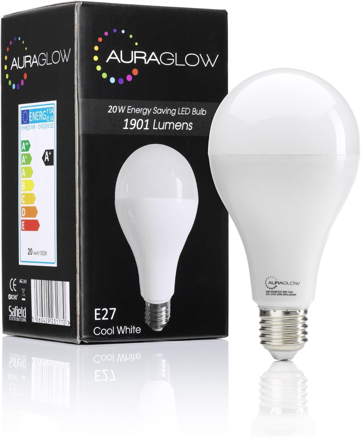 Auraglow LED Glühbirnen E27, 16W (ersetzt 100W), Kaltweiß 6500K, 1521 Lumen, Dimmbar – 4er Pack