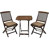 Outdoor Interiors Eucalyptus Wood 3-Piece Square Foldable Bistro Outdoor Furniture Patio Set, Table and 2 Chairs with Cushion