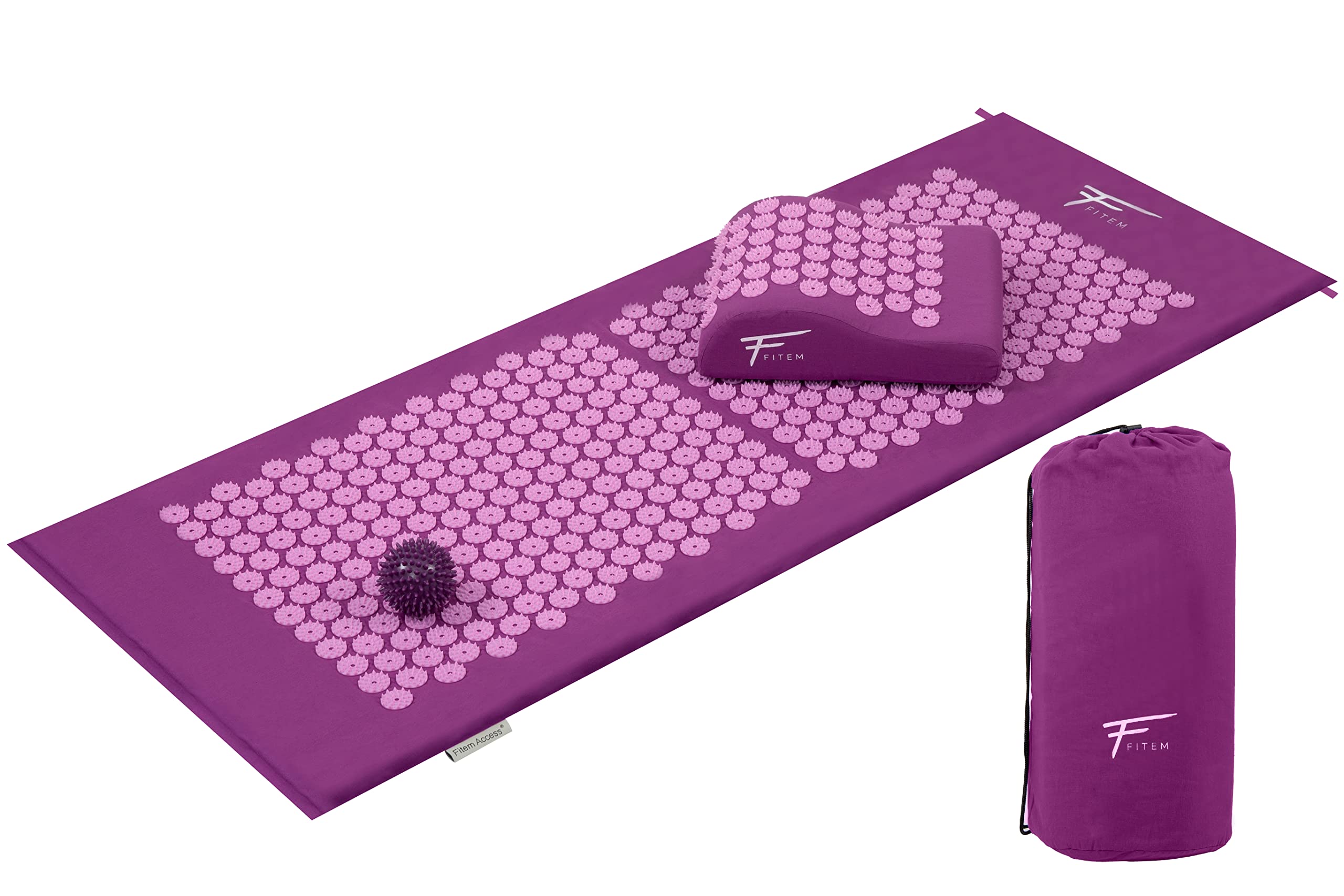Fitem XL Acupressure Kit - Acupressure Mat + Cushion + Massage Ball - Relieves Back and Neck Pain - Sciatica - Back Massage - Muscle Relaxation - Acupuncture - Post-Sport Recovery