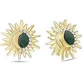 Lavari Jewelers Celestial Stud Earrings for Women with Black Onyx or Malachite and Created White Sapphire - 14k Yellow Gold Plated 925 Silver Sun Earrings for Her - Push Back Studs - Modern Design