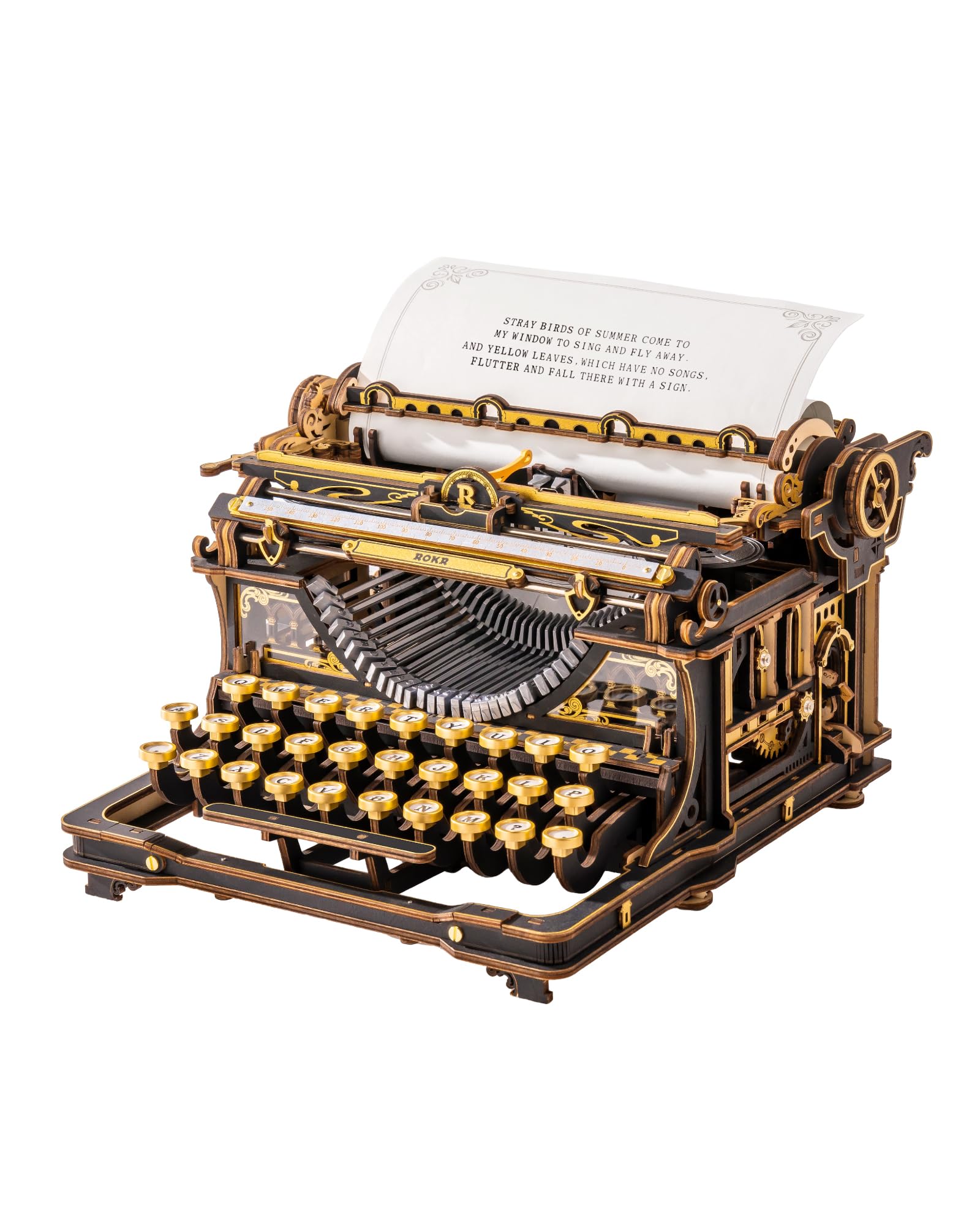 ROKR Typewriter Schreibmaschine 3D Holzpuzzle für Erwachsene, Schwarz-Gold Mechanischer Modellbausatz, Vintage 3D Puzzle Holz für Homeoffice-Deko, Retro DIY Geschenk für geduldige Bastler LK703B