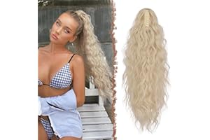 FESHFEN Claw Clip Ponytail Extensions, Long Pony Tail Hair Piece Wavy Curly Synthetic Hairpieces for Women, Platinum Blonde 2