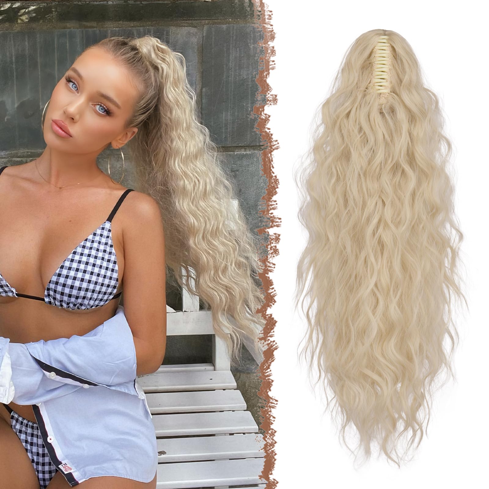 Photo 1 of FESHFEN Claw Clip Ponytail Extensions - Long Pony Tail Hair Piece Wavy Curly Synthetic Hairpieces for Women, Platinum Blonde 26 inch
