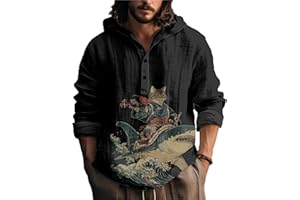 MARSVOVO Mens Japanese Art Long Sleeve Hooded Shirts Lightweight Quarter Button Hoodie Casual Cool Tops for Spring Fall