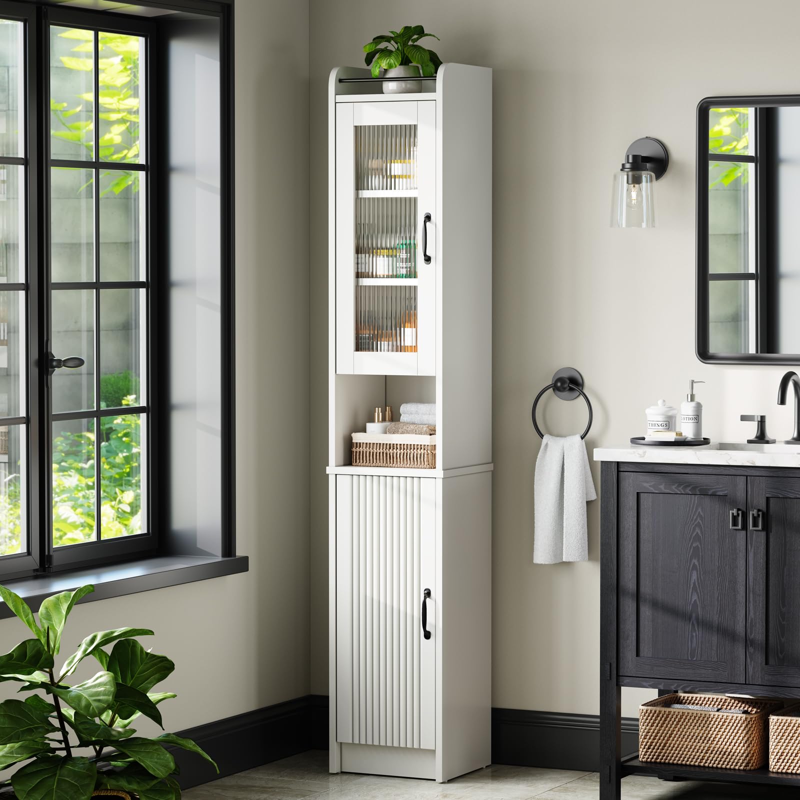 Photo 1 of MXARLTR 71'' Tall Storage Cabinet, Slim Bathroom Oragnizer, Freestanding Narrow Floor Linen Cabinet with Fluted Doors for Bathroom Living Room Kitchen (Cream White)