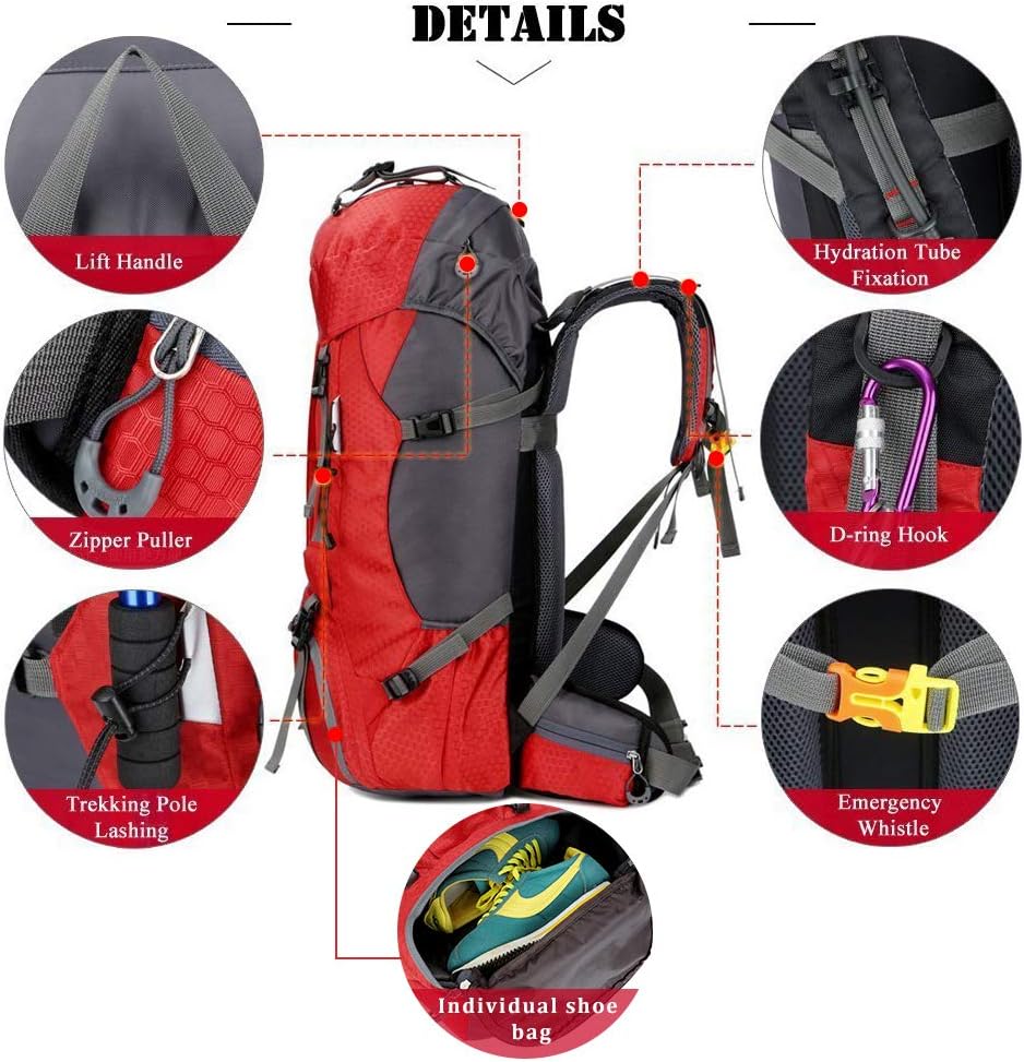 60L Waterproof Ultra Lightweight Packable Climbing Fishing Traveling Backpack Hiking Daypack,Backpack,Handy Foldable Camping Outdoor Backpack Bag with a Rain Cover (Red) - Image 5