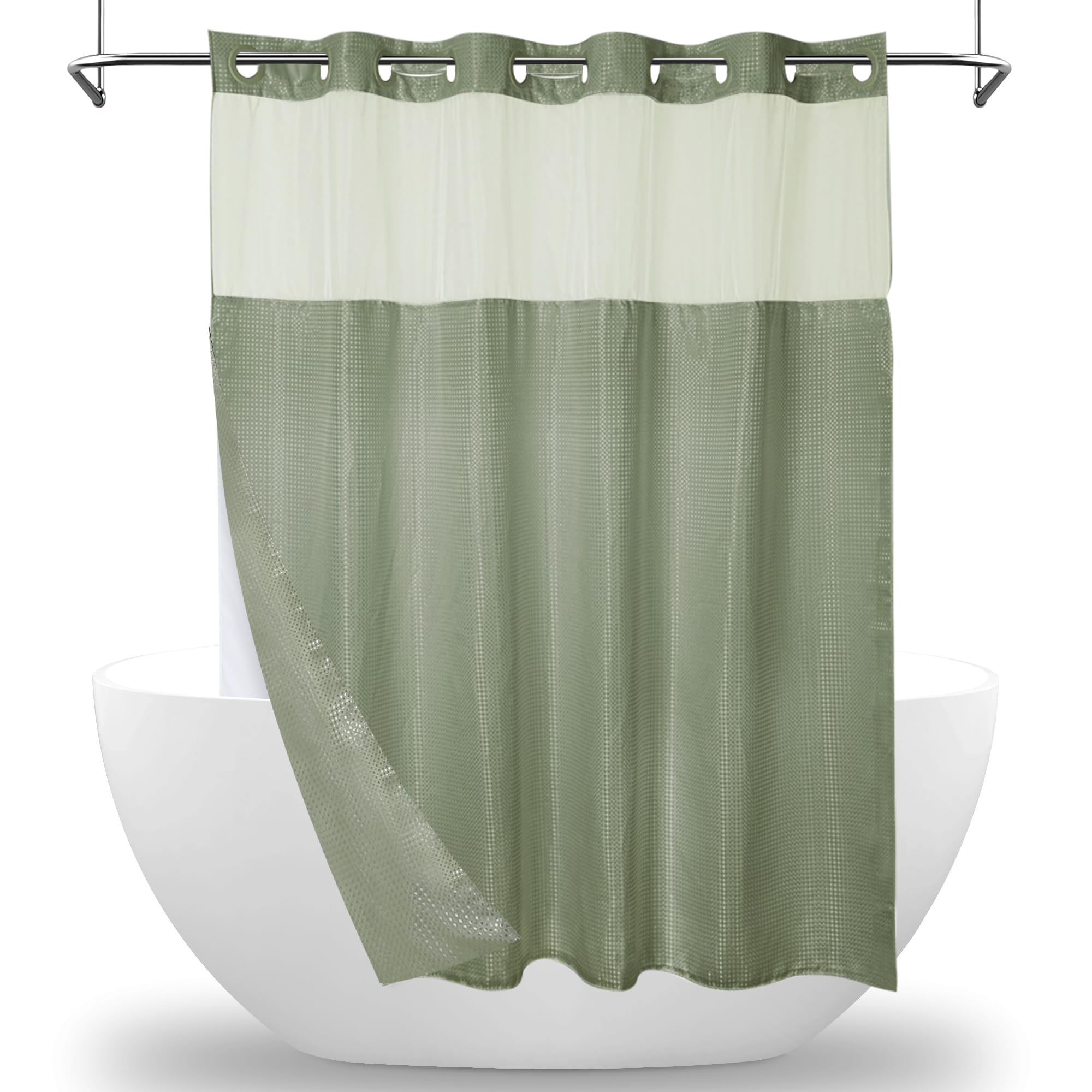 MEKOTRIN Hookless Shower Curtain with Snap on Liner Waffle Fabric Double Layer, 74 x 71 Inch Weighted Green Shower Curtains with Viewing Window, Bath Curtain Waterproof for Bathroom Hotel(Green)