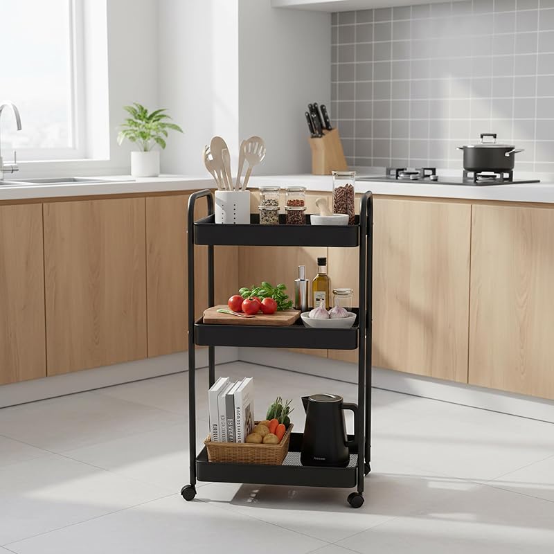 Carrinho de malha de 3 prateleiras, Serviço para Cozinha, Casa de Banho e Escritório, 78×43×30 cm Multiusos Compacto Preto metálico