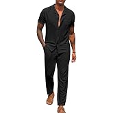 LecGee Men's 2 Piece Textured Outfits Short Sleeve Button Down Shirts Loose Pants Set Casual Summer Beach for Men