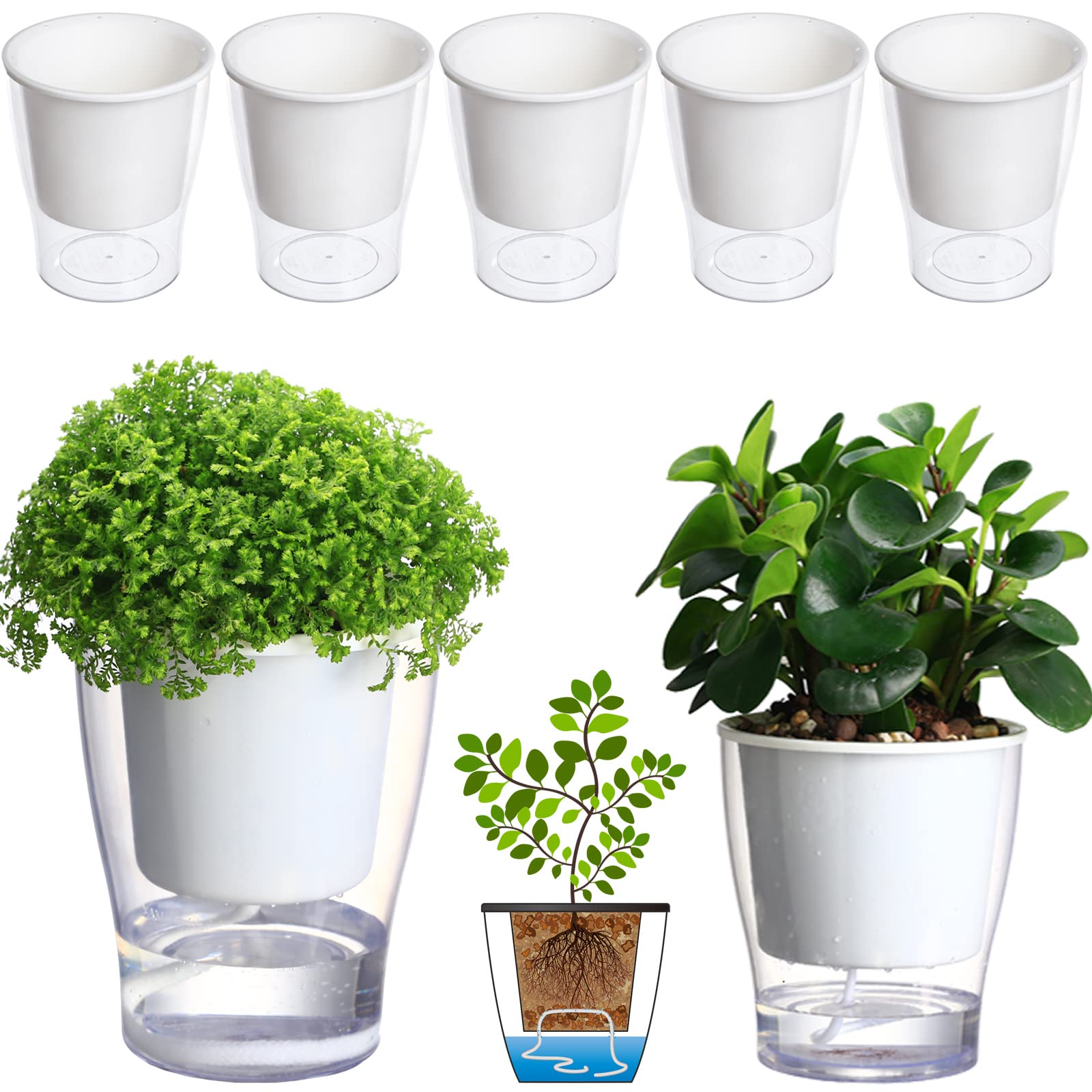 5-Pack 4.3 Inches Clear Self-watering Pots Small African Violet Planters Plastic Plant Pots Wicking Flower Pots for Indoor Plants, Herbs, African Violet, Ocean Spider Plant, Orchid Pot, Garden Pots