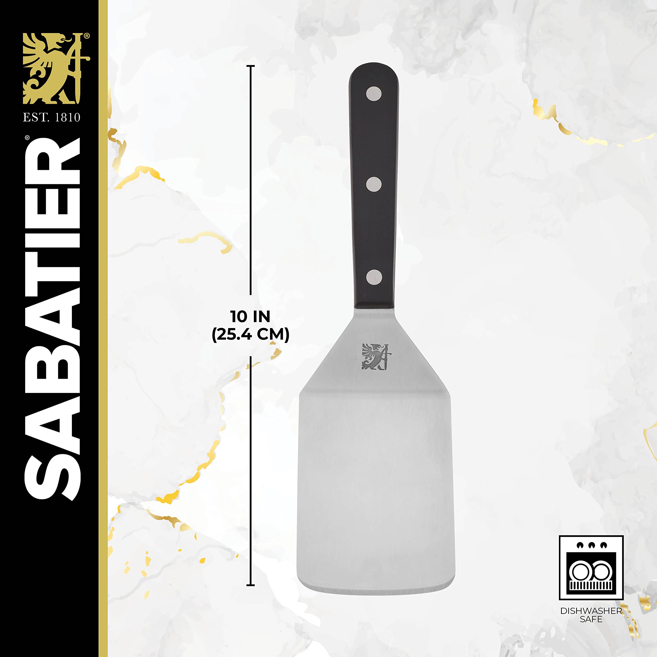 SABATIER Triple Rivet Wide Turner, 9.625 Inch Stainless Steel Spatula for Cast Iron, Griddle and Grill Cooking, Professional Grade Kitchen Utensil