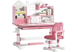 TAKEAUFLY Kids Desk and Chair Set, Adjustable Study Table with Tiltable Desktop & Storage Drawer, Ergonomic Desk for Boys and Girls (Pink)