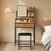 Makeup Vanity Desk with Mirror, Vanity Set, Fabric Drawer, Rustic Brown | LED Mirror, Cushioned Stool, Fabric drawer, Storage Open Shelves, Compact Vanity Desk