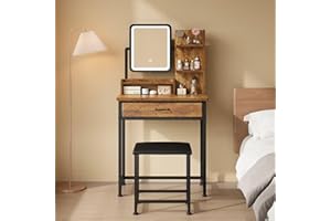 Makeup Vanity Desk with Mirror and Lights, Small Vanity with Fabric Storage Drawer & Chair & Shelves, Compact Makeup Vanity S