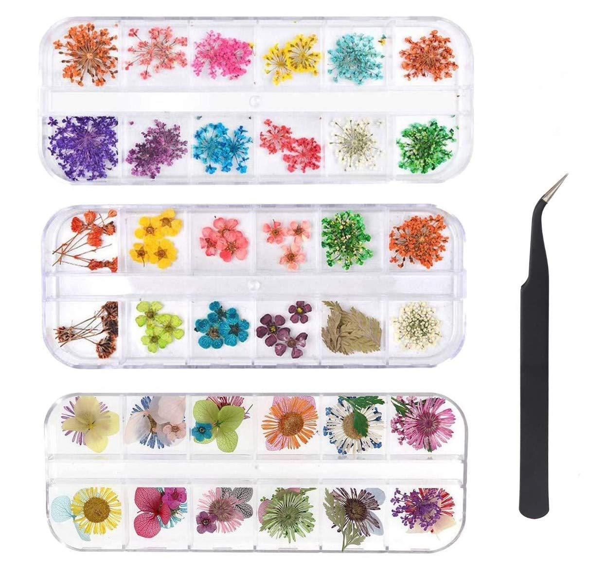 KAHEIGN 96 Pieces Nail Dried Flower, 3D Nail Art Real Dried Flower Nail Applique Nail Parts Preserved Flower Manicure Nail Art Decoration - with Tweezers