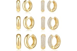OPFIV 6 Pairs 14K Gold Plated Chunky Hoop Earrings for Women Men Dainty Fully Diamond Cubic Zirconia Hoops Gold Earrings Set Hypoallergenic Small Thick Huggie Earring Cartilage Cuff Piercing Ear Jewelry 2 Styles of 3 Sizes