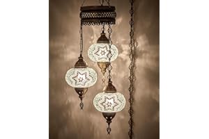 DEMMEX Plug-in Turkish Hanging Lamp, Handmade Moroccan Mosaic Chandelier Pendant Light Fixture with 15-ft Cord & Chain, Decorative Ceiling Lamp for Living Room, Bedroom, 3 Large 7'' Globes, 3.5 ft.