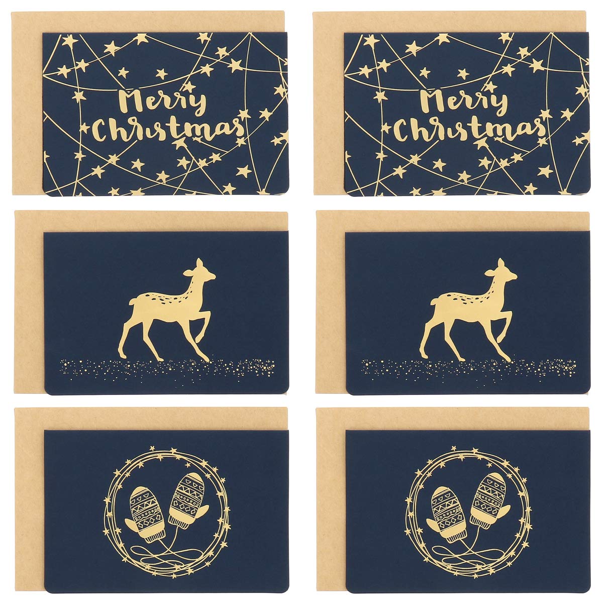 SHIPITNOW Set of 6 x Shiny Navy Blue and Gold Christmas Greeting Cards with Kraft Envelope - Original Christmas Card Pack - Modern Merry Christmas Design - Christmas Design to Write a Word