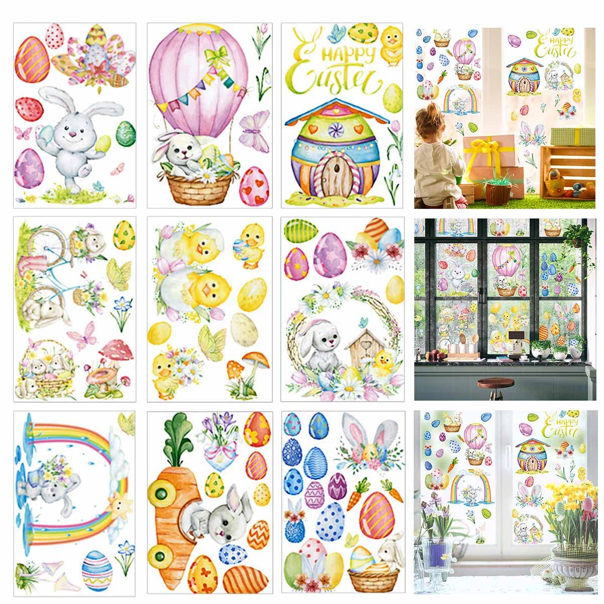 Easter Window Cling Stickers,9 Sheets Double-Sided Easter Window Decals for Easter and Spring Window Decoration（Eggs）