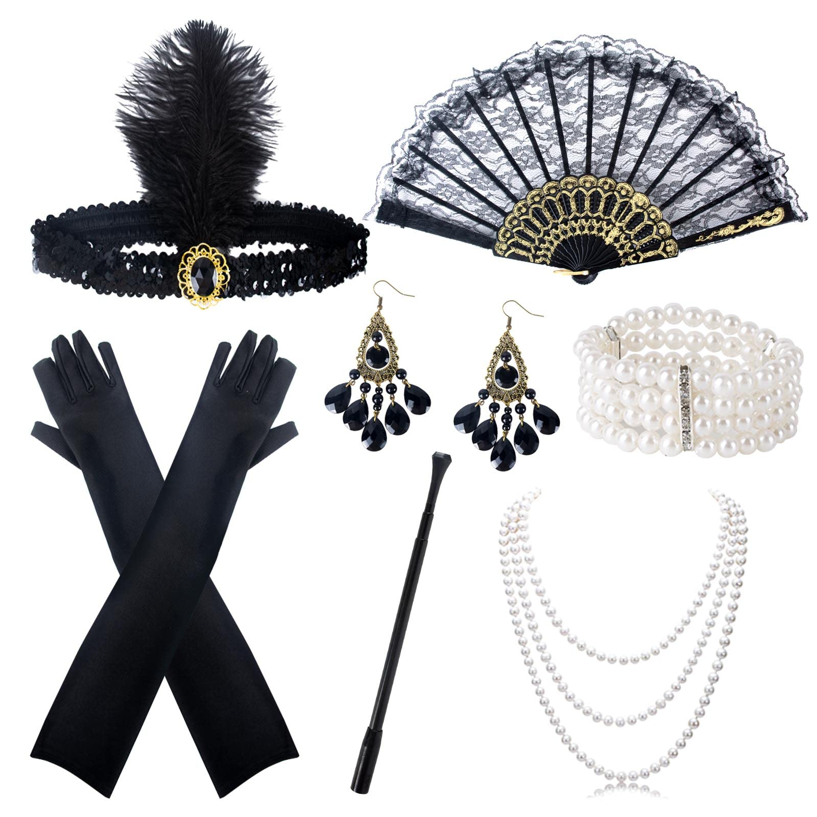 AWAVM 9 Pieces 1920s Masquerade Party Accessories Set Flapper Costume with Headdress, Long Gloves, Rod, Vintage Earrings, Pearl Necklace, Bracelet and Folding Fan Set