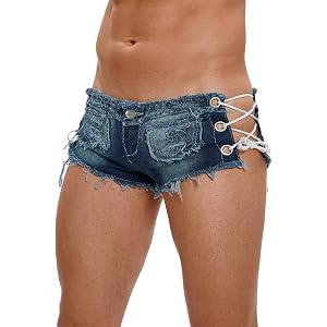 FEOYA Mens Booty Shorts Gay Sissy Denim Micro Shorts Sexy Low Rise Lace Up Mini Cheeky Jean Bottoms