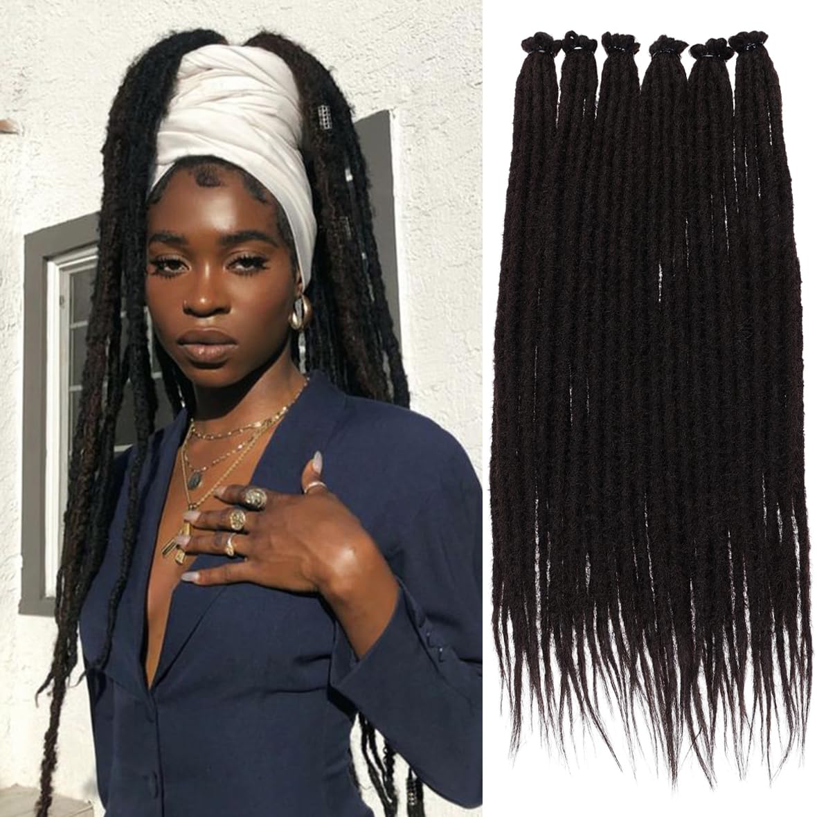 Leeven 18 Inch Dreadlock Extension 20 Strands Synthetic Single Ended Dreads Soft Handmade 0.6 Width Thin Reggae Dreadlocks Black Hippie Dreads extensions /1B# โ image 1
