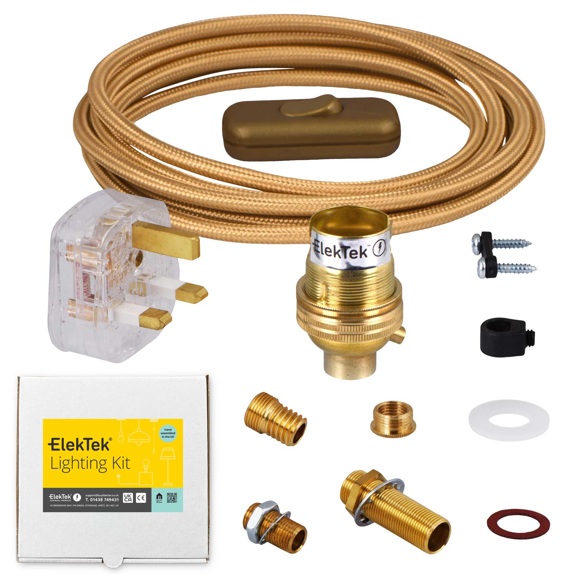 ElekTek UK B22 Lamp Refurbishment Fixing Kit, Solid Brass Unswitched Lamp Holder, Inline Rocker Switch, Extensive Fittings Pack, 13A Plug (3A Fuse) Gold Round Braided Fabric 3-Core Lighting Flex