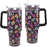 Nqhsionv Halloween Day of the Dead Tumbler with Handle 40oz Sugar skull Coffee Travel Mug Stainless Steel Insulated Cups Halloween Dia De Los Muertos Altar Decor Gifts