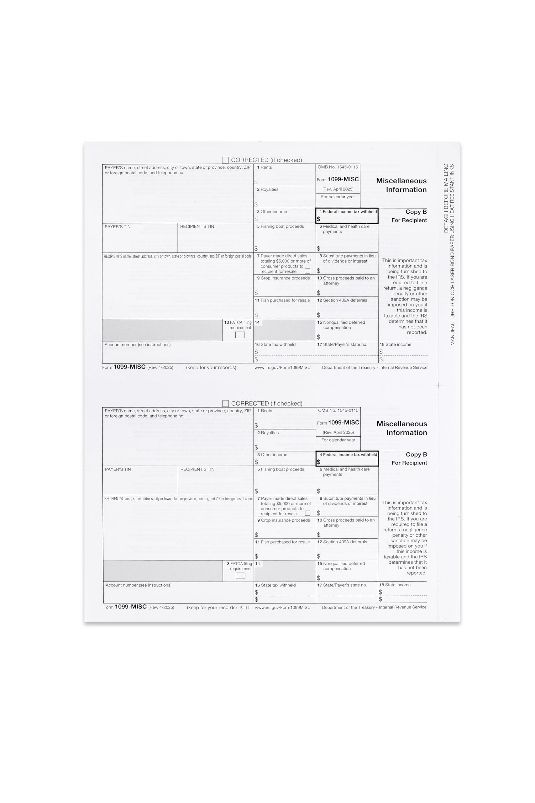 Photo 1 of 1099 MISC Laser 'Copy B' Recipient 2025, 50 Recipients of Laser MISC COPY B Forms, Compatible with QuickBooks and Accounting Software, 25 sheets