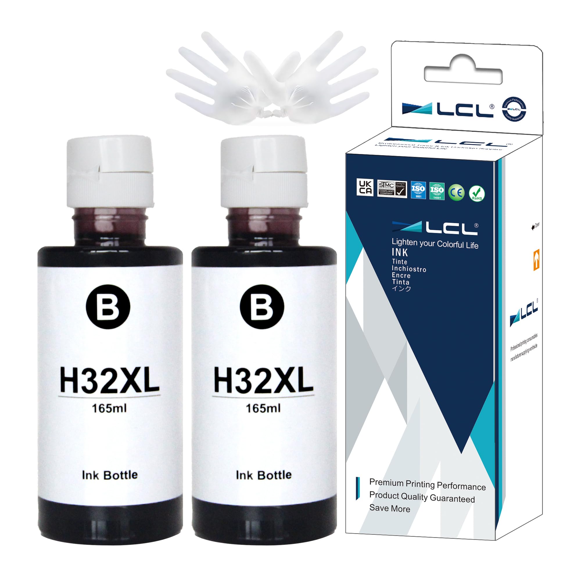 LCL 32XL 1VV24AE 165ml Ink Bottle Compatible for HP Smart Tank 455 457 502 514 517 532 551 555 559 570 571 617 651 655 DeskJet GT-5810 GT-5820 GT-5822 Ink Tank 310 319 410 415 416 418 419 (2 Black)