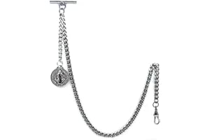 watchvshop Albert Chain Silver Tone Pocket Watch Chain Vest Chain for Men St. Benedict Medallion Fob T Bar with Swivel Clasp AC43A