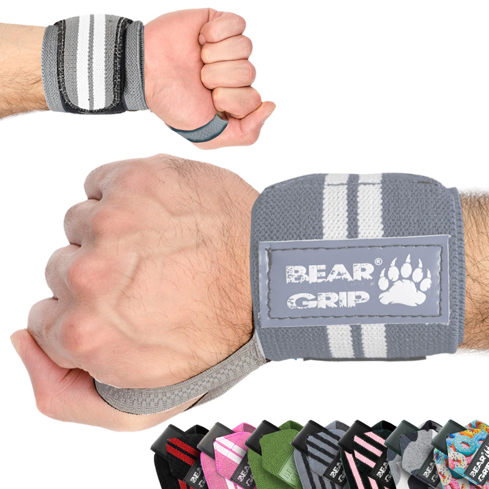 BEAR GRIP - Weight lifting wrist support wraps (Sold in pairs) (Grey/White/Edge)