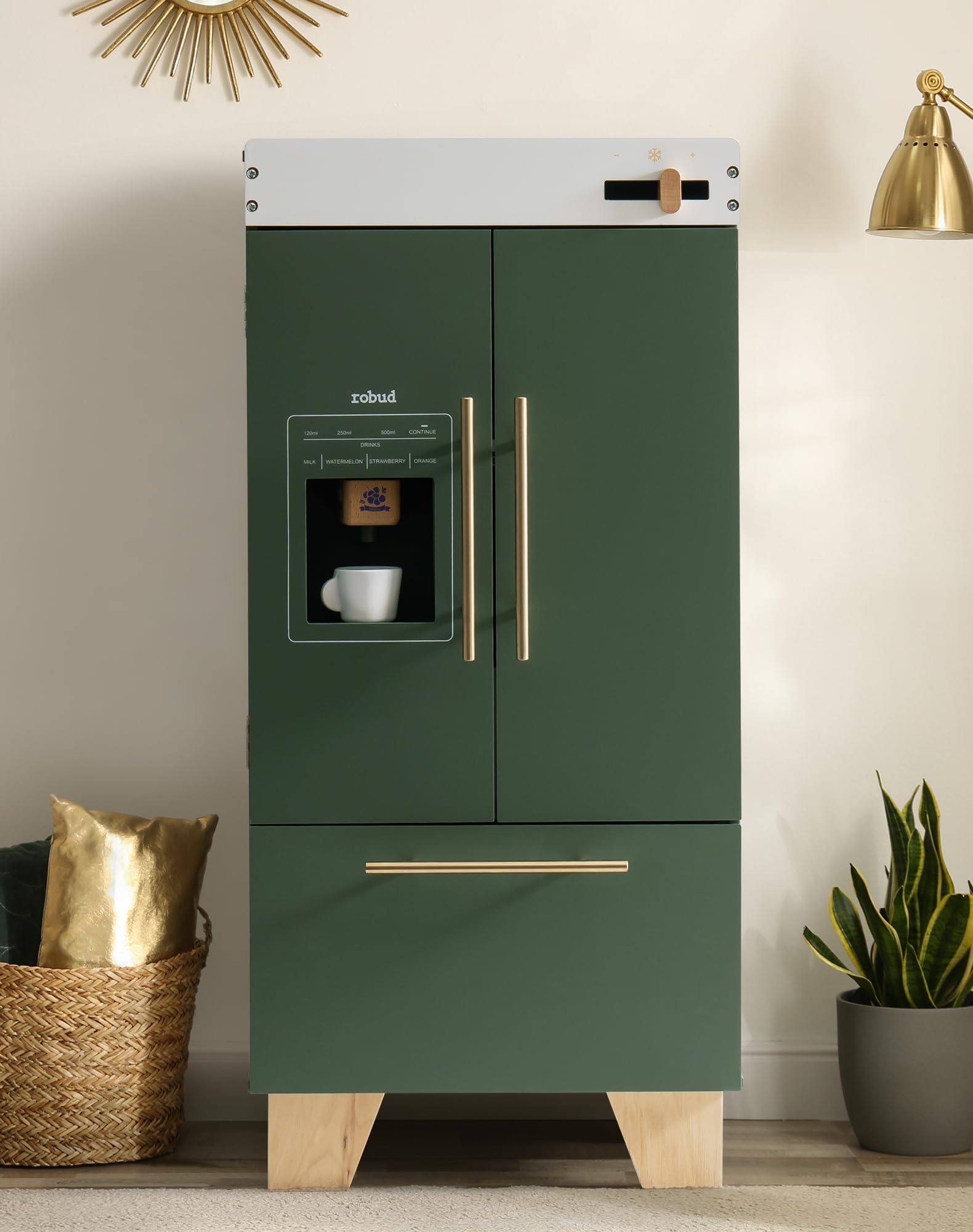 ROBUD Wooden Toy Fridge | Kids Toy Kitchen Refrigerator with Beverage Dispenser & Accessories, Interactive Toy Fridge for Pretend Kids Fridge, Gifts for Girls Boys Toddlers Toy Age 3+