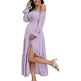 Summer Boho Off Shoulder Maternity Dresses, Long Sleeve Side Split Flowy Tiered Maxi Dress for Baby Shower Photoshoot Dress Purple L