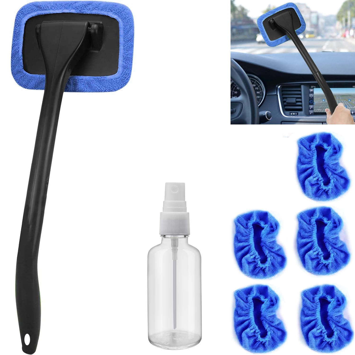 Photo 1 of desin Car Windshield Cleaning Tool, Windshield Cleaner with 5 Washable and Reusable Microfiber Pads and Extendable Handle, for Auto Glass Wiper (Blue)