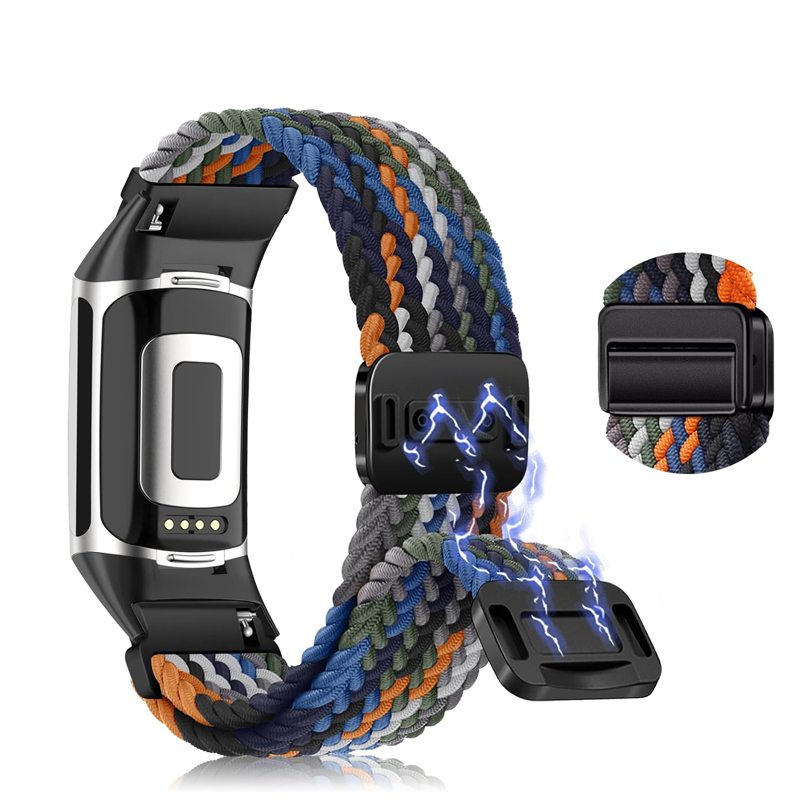 KoGiio Strap compatible with Fitbit Charge 6 / Fitbit Charge 5, Magnetic Adjustable Watch Band, Soft Nylon Braided Replacement Bracelet Strap Denim Color