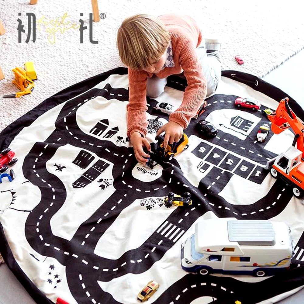 Huxun Kids Roadmap Play Mat and Toy Organizer Storage (Canvas,Diameter:53 inches)