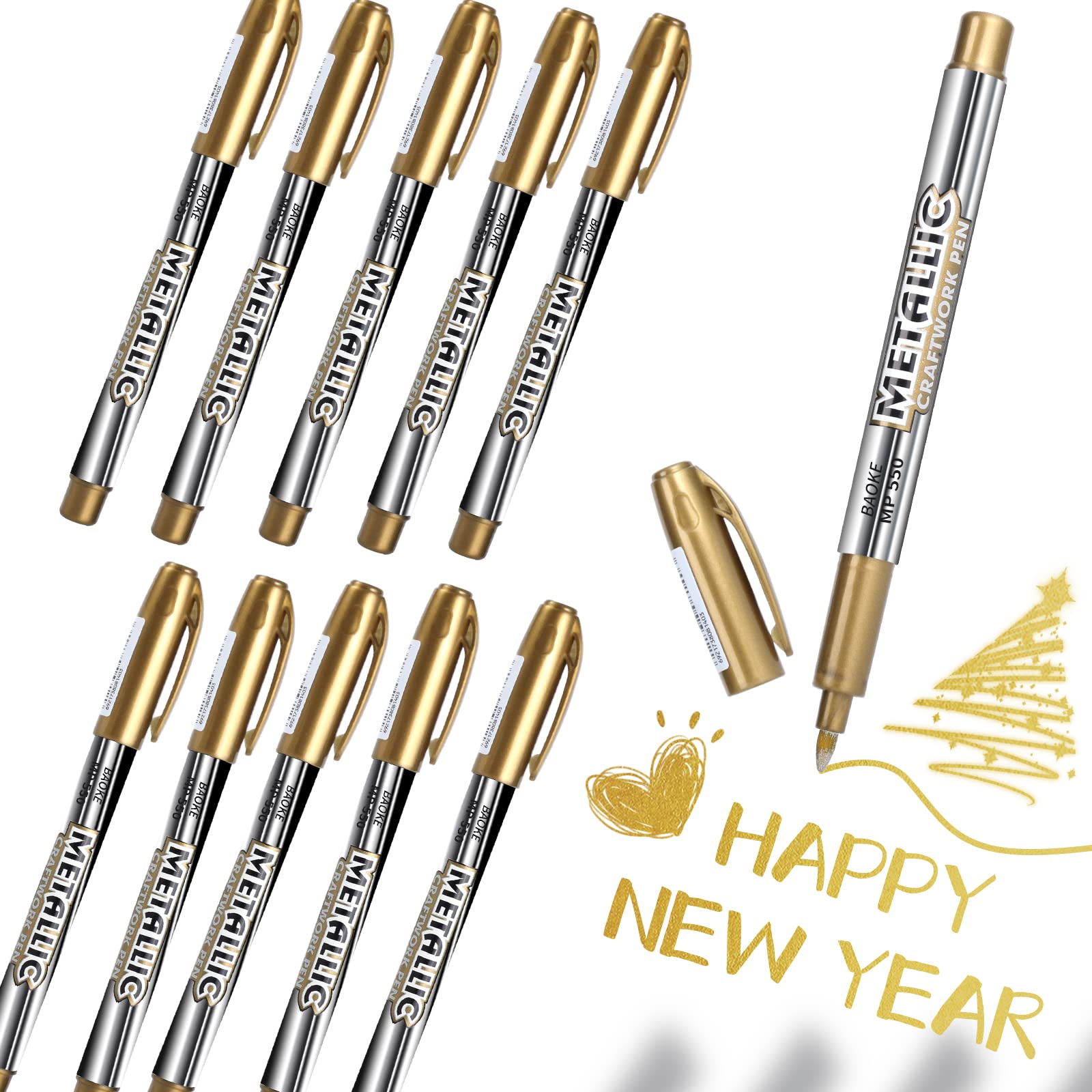 Guouet Gold Pen Gold Metallic Marker Pens, 10pcs Bling Writing Ink Pen Shiny Highlight Marker Pens Glittering Permanent Markers Gloss Wet Shine Effect Art Marker Pens for Painting Card Making (10)