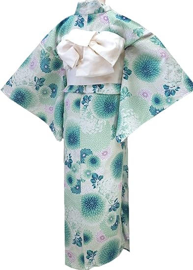 Amazon Co Jp 着物美人 浴衣 2点セット 綿麻 変り織り 女浴衣 浴衣女性 半幅帯白 浴衣帯 帯付き 浴衣セット 街着 大人 女性用 M F L フリーサイズ 155 165 白緑 万寿菊 Clothing Accessories