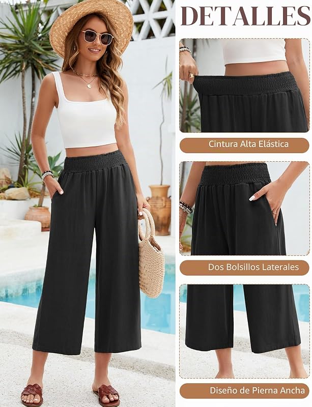 Pantalones Mujer de Lino Verano Algodón 3/4 Pantalón Anchos Cintura Alta Elástico Pantalón Casual Deporte Ligeros Pants Playa Cómodo Fluidos Pantalon con Bolsillos (Negro, S)