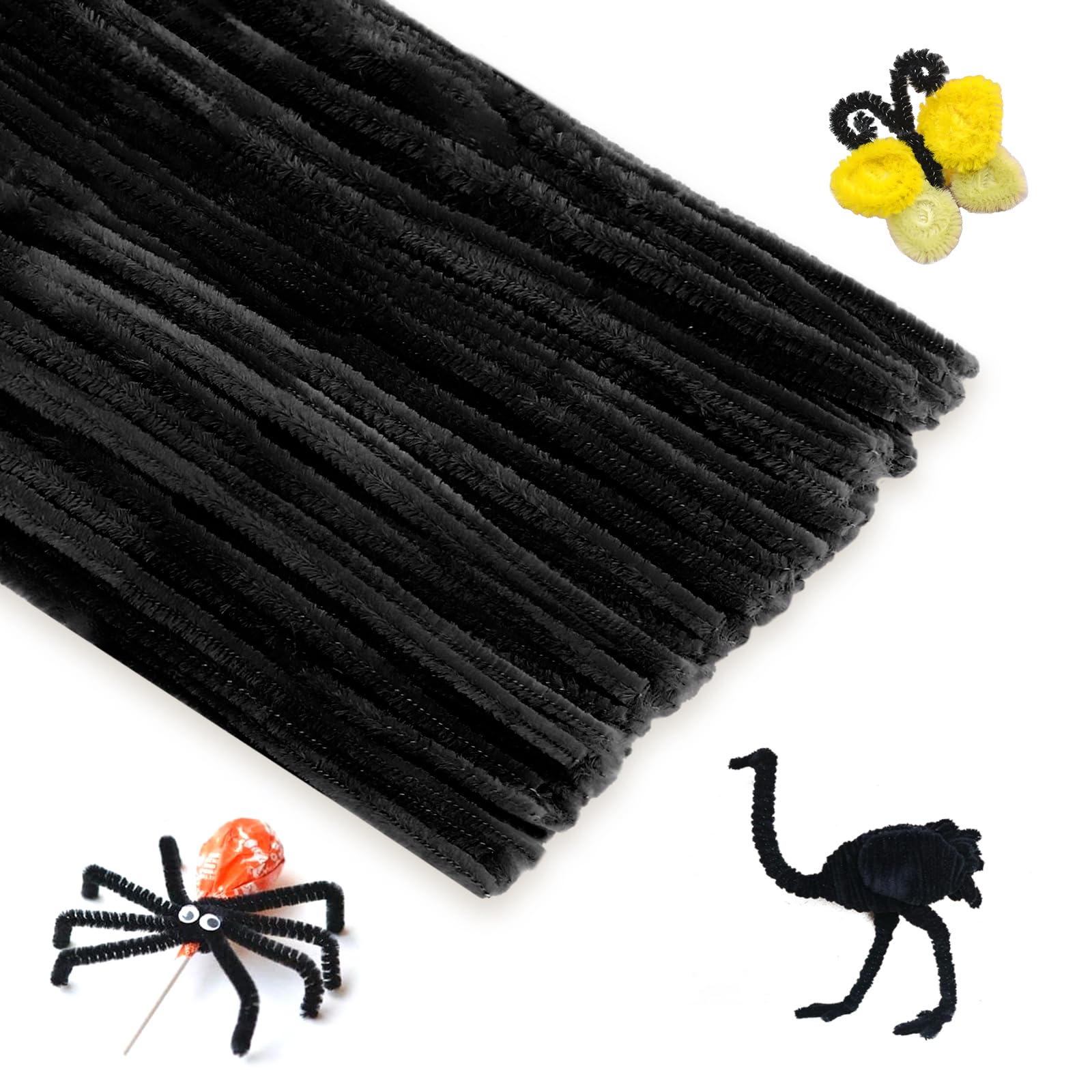 KINGLAKE Black Pipe Cleaners for Craft, 100pcs 30cm x 6mm Long Halloween Craft Pipe Cleaners Chenille Stems for DIY Crafting Hair Xmas Decorations