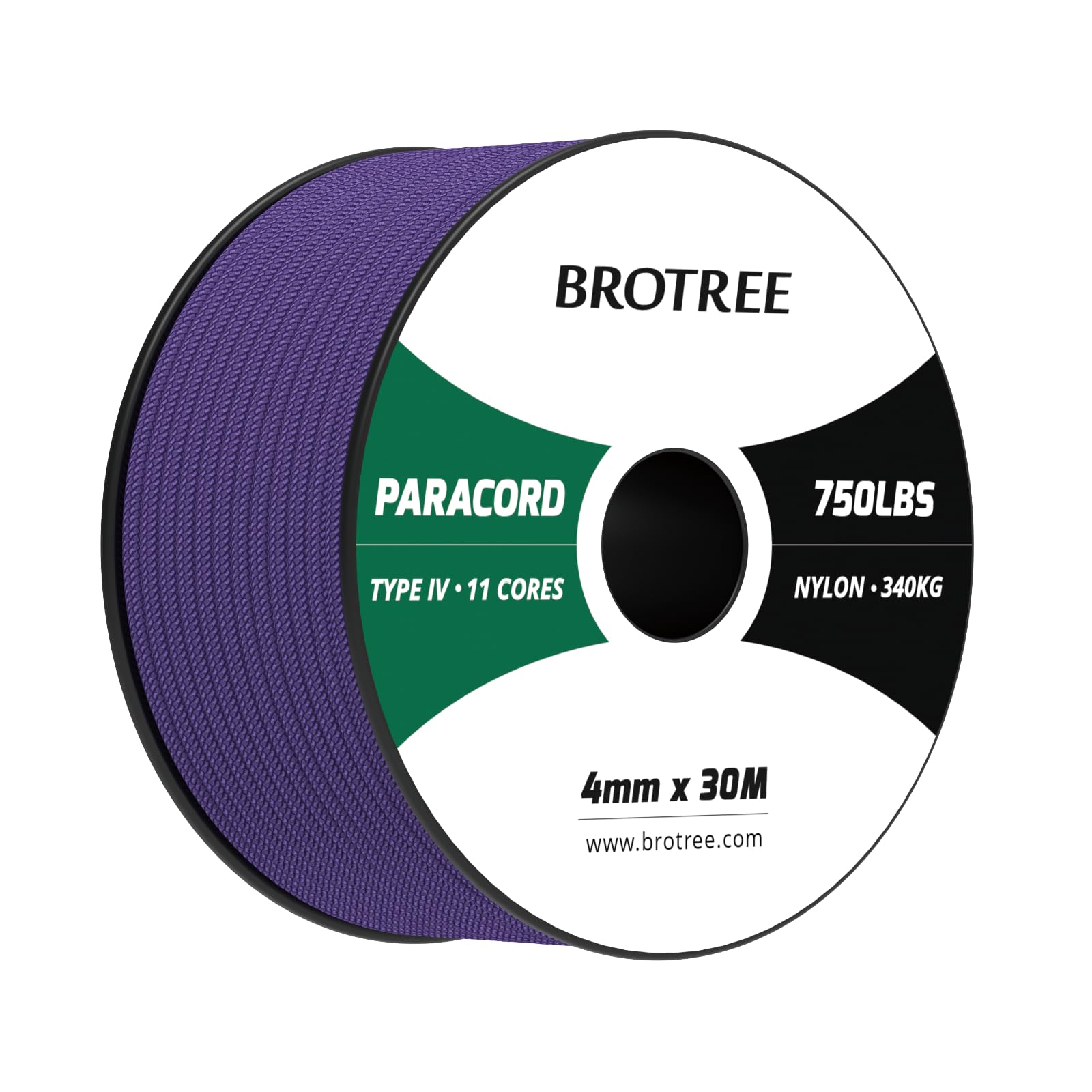 Brotree Paracord 4mm 30M 100% Nylon Rope 11 Strands 750lb Parachute Cord Type IV for Survival, Outdoor and DIY - 340kg Breaking Load (Purple)