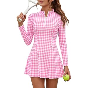 Fisoew Womens Tennis Golf Mini Dresses with Shorts Long Sleeve Collared Zipper Workout Athletic 2 Piece Sets Outfits