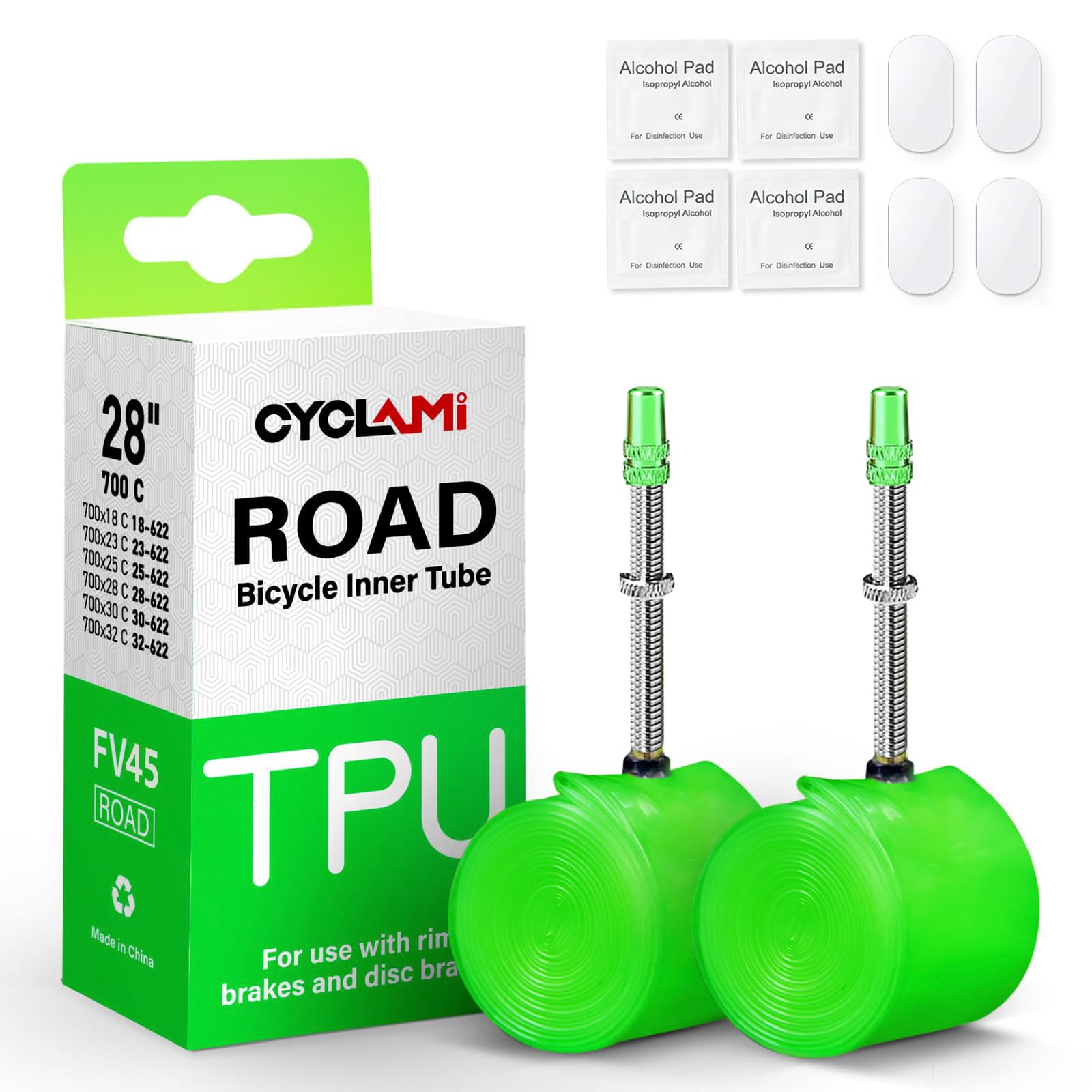 CYCLAMI 38g 2PCS Ultralight 700C Bike Inner Tube TPU Road Bicycle Tire 28'' Compatible with 700x18/23/25/28/30/32C Presta Valve 45mm(Include 4 PCS Bike Inner Tire Patch Repair Kit)