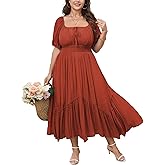 SHESTARR Women's Plus Size Dress Short Sleeve Square Neck Tie Front Ruffle Hem Boho Maxi Milkmaid Dress