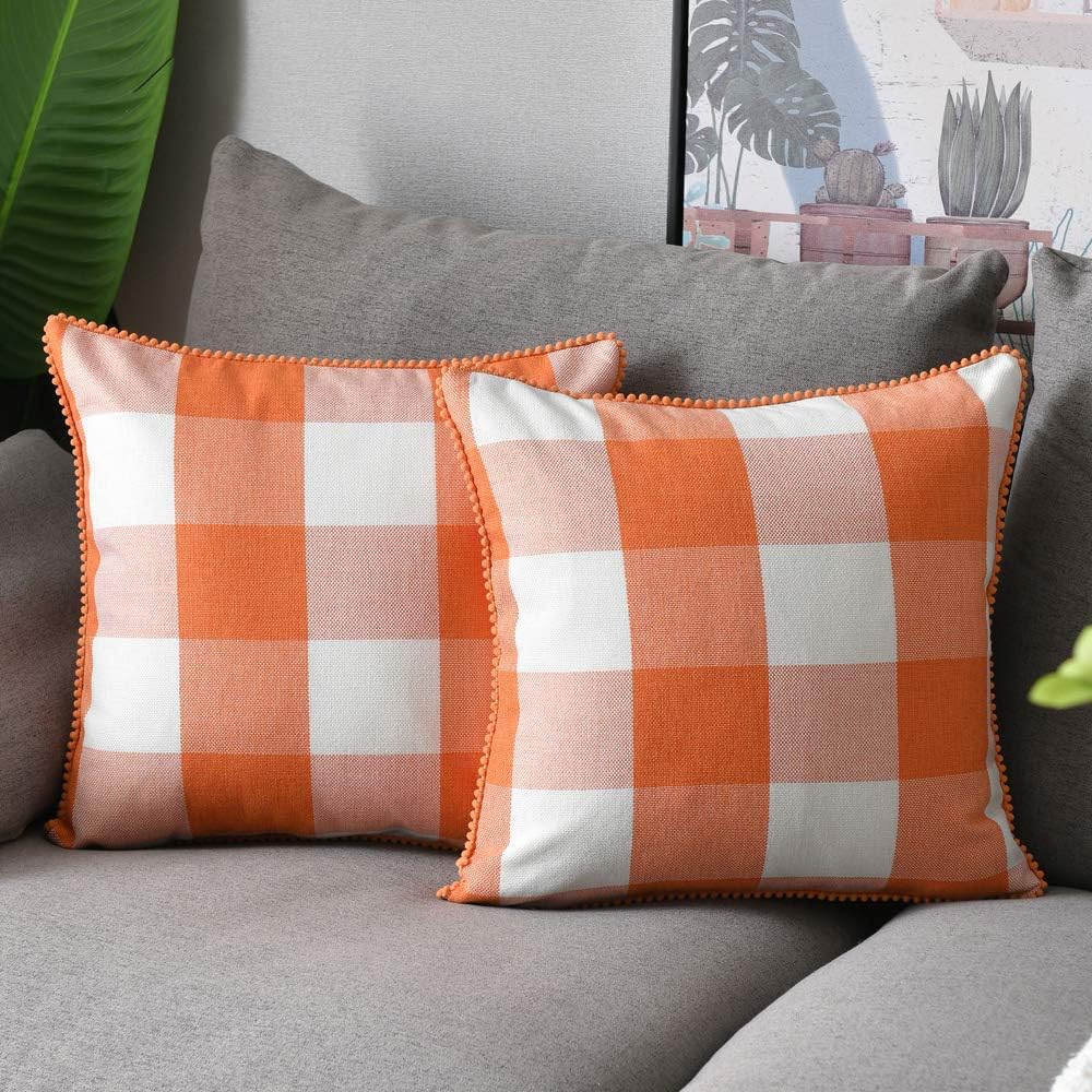 WLNUI Set of 2 Large Fall Orange Buffalo Plaid Pillow